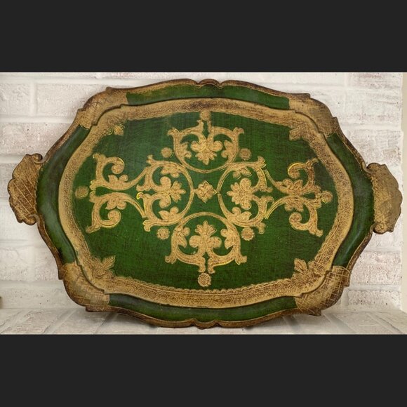 Vintage Florentine Tray - Green & Gilt Gold - 15" x 23" - Made in Italy Stamp - Picture 2 of 8